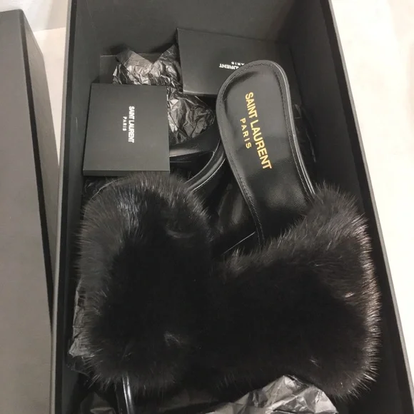 Saint Laurent Paris Roy Mink & Leather Mules Heels Size 38. Made in Italy - Picture 11 of 15